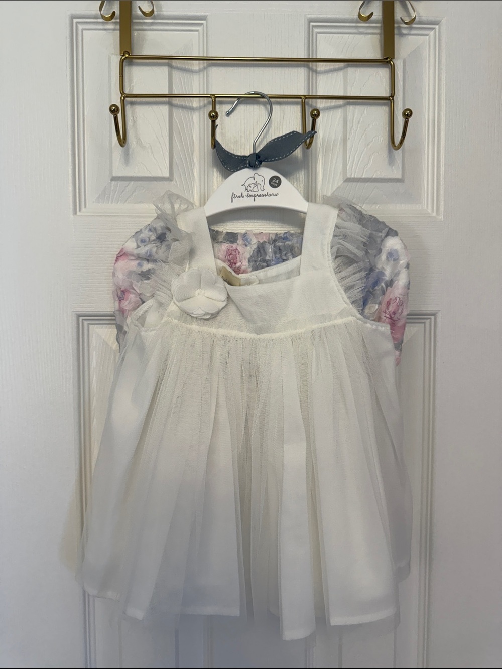 First Impressions White Tulle Dress Top with Floral Puff Sleeves